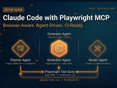 Claude Code with Playwright MCP agentic test automation architecture showing planner, generator, and healer agent lanes feeding into a Playwright test suite with TestQuality CLI integration