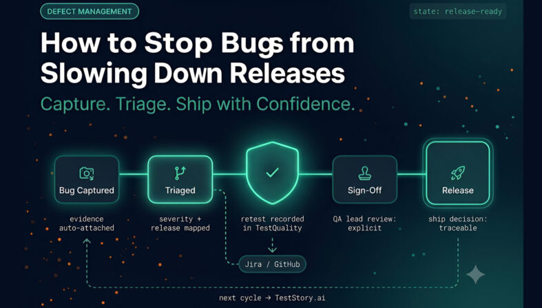 Defect management pipeline diagram showing five stages from bug capture to release sign-off with TestQuality integration