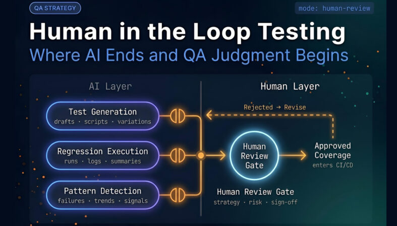 Diagram showing AI layer handling test generation and execution feeding into a human review gate, illustrating human in the loop testing workflow