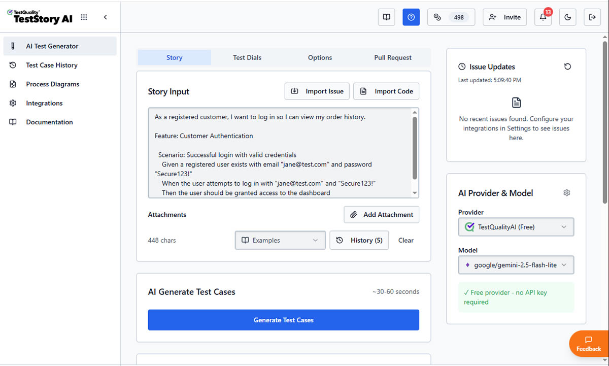 Complete Guide to Gherkin Syntax for BDD Testing TestStory.ai QA Agent interface showing user story input being processed to generate structured test cases for AI software testing in 2026