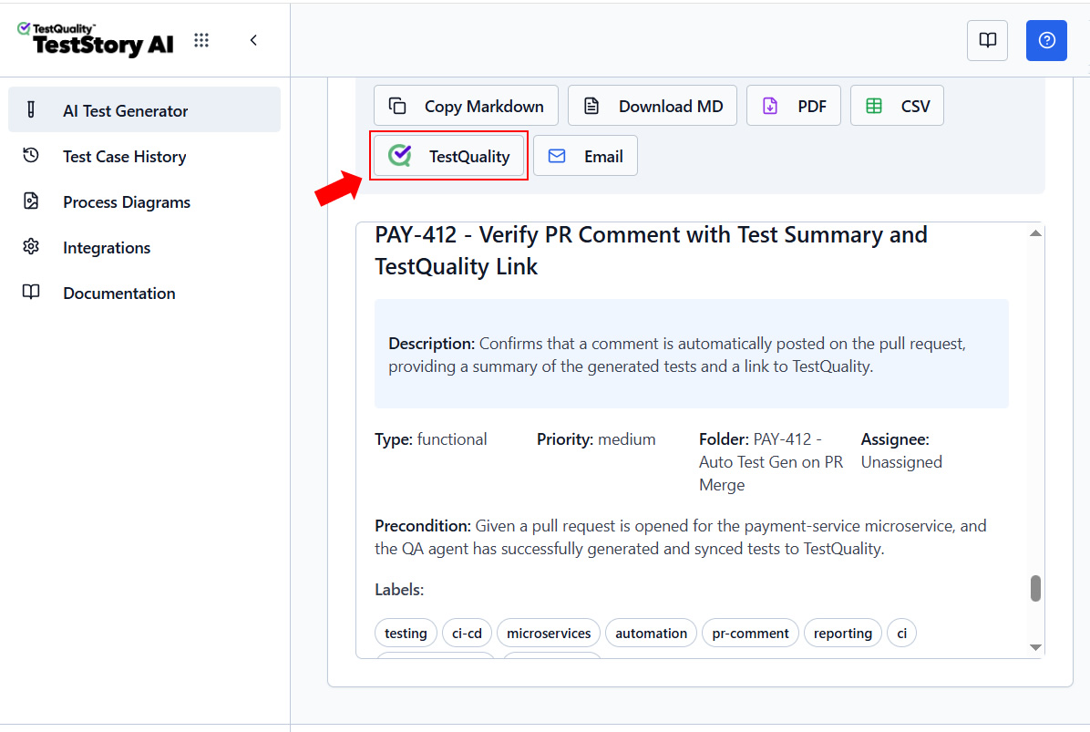 TestStory.ai QA Agent automatically generating scoped test cases from a pull request diff with zero configuration, showing test suite output for a microservices change