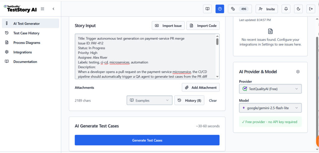 How to Stop Bugs from Slowing Down Software Releases TestStory.ai input panel showing a payment-service pull request used as context to autonomously generate contract, integration and smoke test cases for a microservices CI/CD pipeline