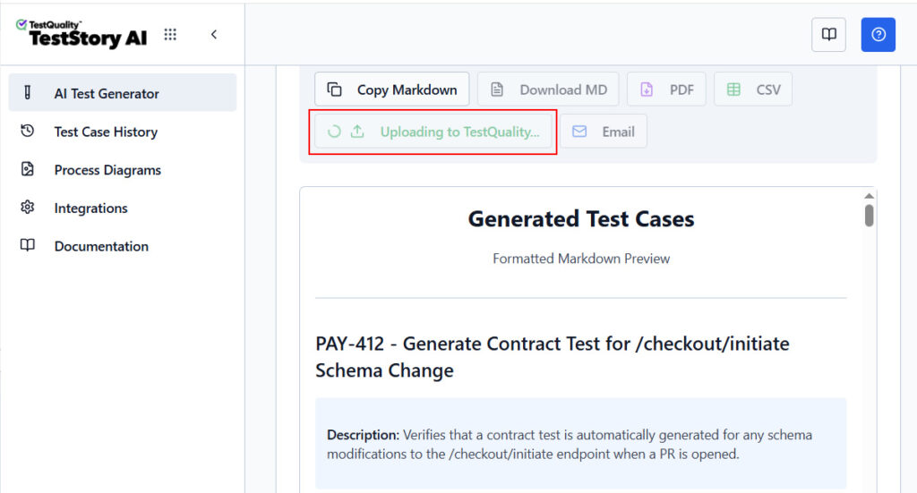 Do You Trust AI in Testing? A Framework QA Teams Can Actually Use TestStory.ai input panel showing a payment-service pull request used as context to autonomously generate contract, integration and smoke test cases for a microservices CI/CD pipeline