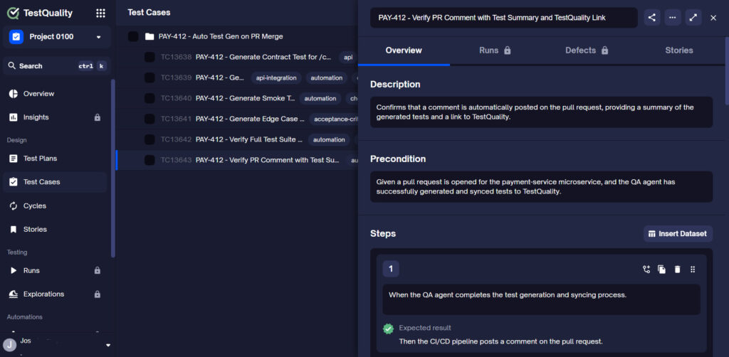How to Stop Bugs from Slowing Down Software Releases TestQuality test management Test Repository showing the Test Cases tree. Examples on contract, integration and smoke test cases automatically synced from TestStory.ai after a microservices pull request, organized and ready for execution