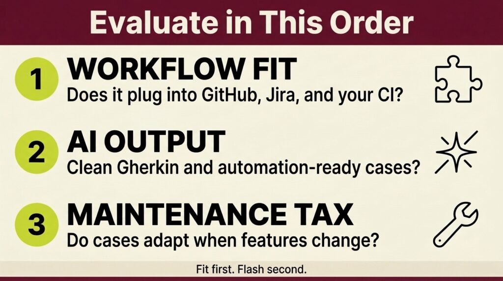 The Right Order for an AI Test Case Builder Evaluation AI test case builder evaluation starts with workflow fit