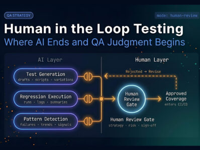 Diagram showing AI layer handling test generation and execution feeding into a human review gate, illustrating human in the loop testing workflow