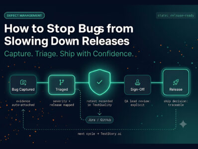 Defect management pipeline diagram showing five stages from bug capture to release sign-off with TestQuality integration