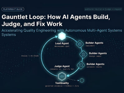 Circular diagram showing a Gauntlet Loop AI workflow — lead agent, builder agents, and judge agent connected in a loop, with output syncing to TestQuality